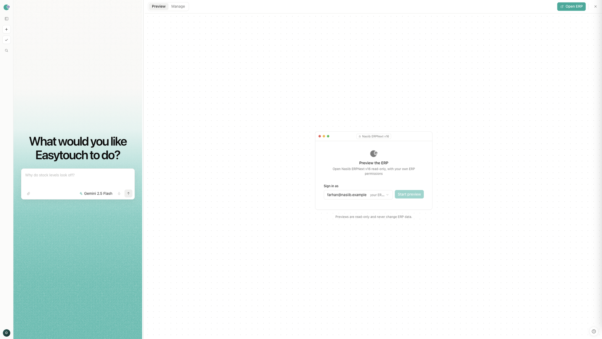 Easytouch AI Lab desktop view: the composer asking 'What would you like Easytouch to do?' beside a live system preview panel